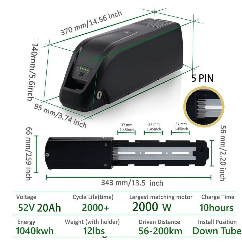 Electric Bicycle Battery 36V/48V/52V 20Ah 40A 5-Pin for eBike & Electric Bike