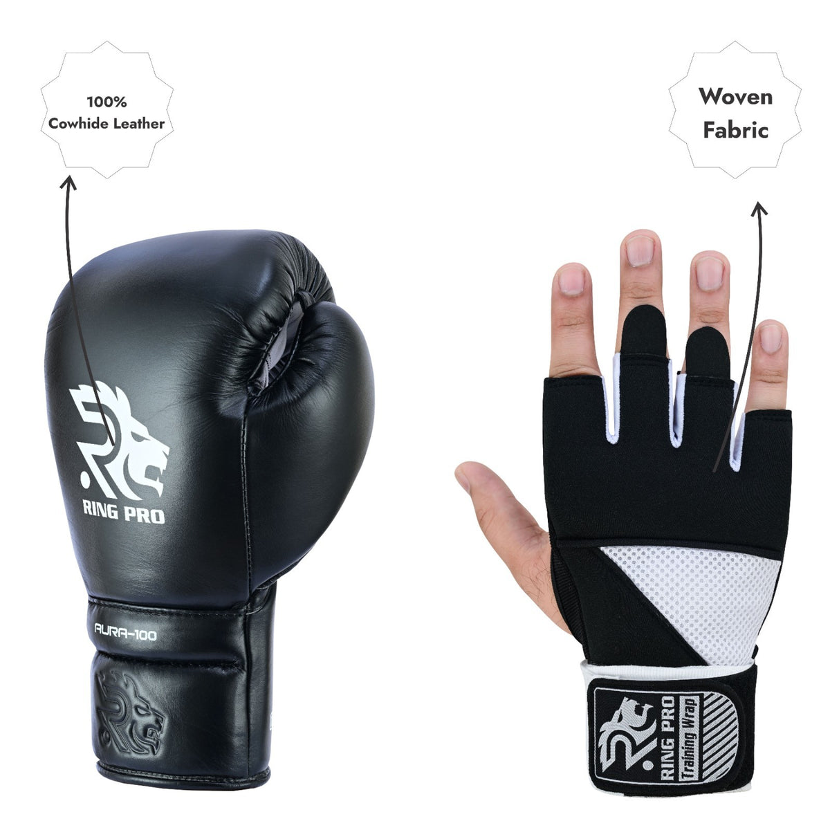 Leather Boxing Gloves 14 oz with Quick Hand Wraps Training Set