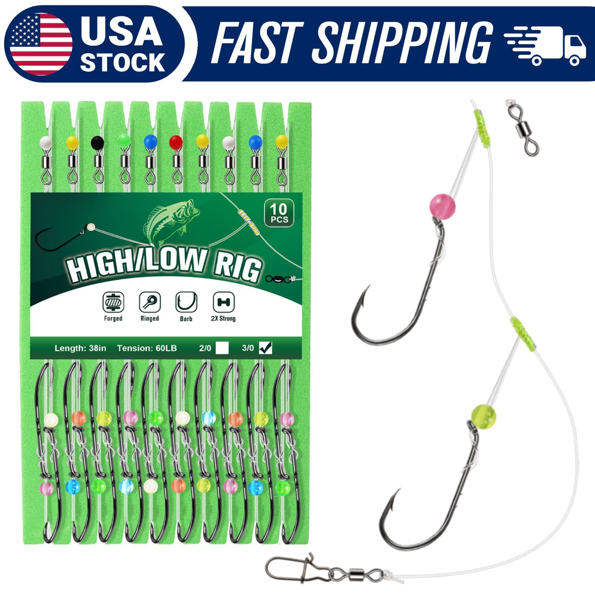 Pre-Rigged Surf Fishing Rig Set - 10PCS High-Low Double Hook Tackle
