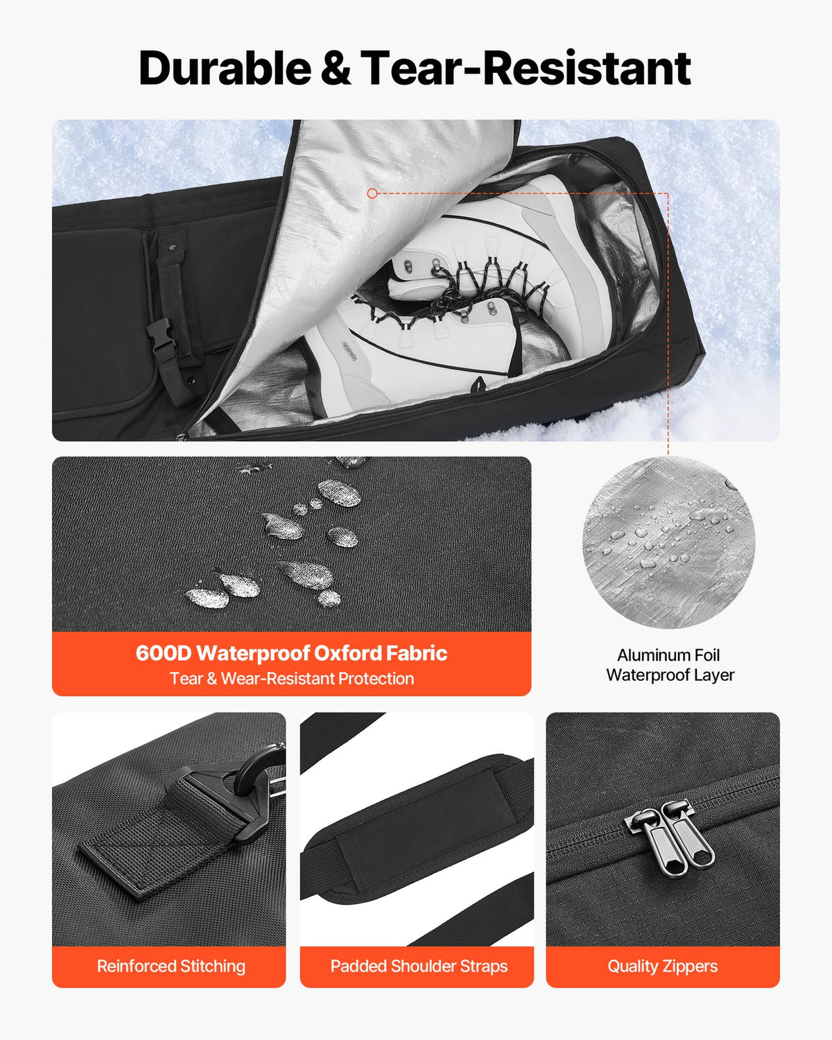 Waterproof Snowboard Bag with Wheels - Fits Up to 74.8 in Ski Gear