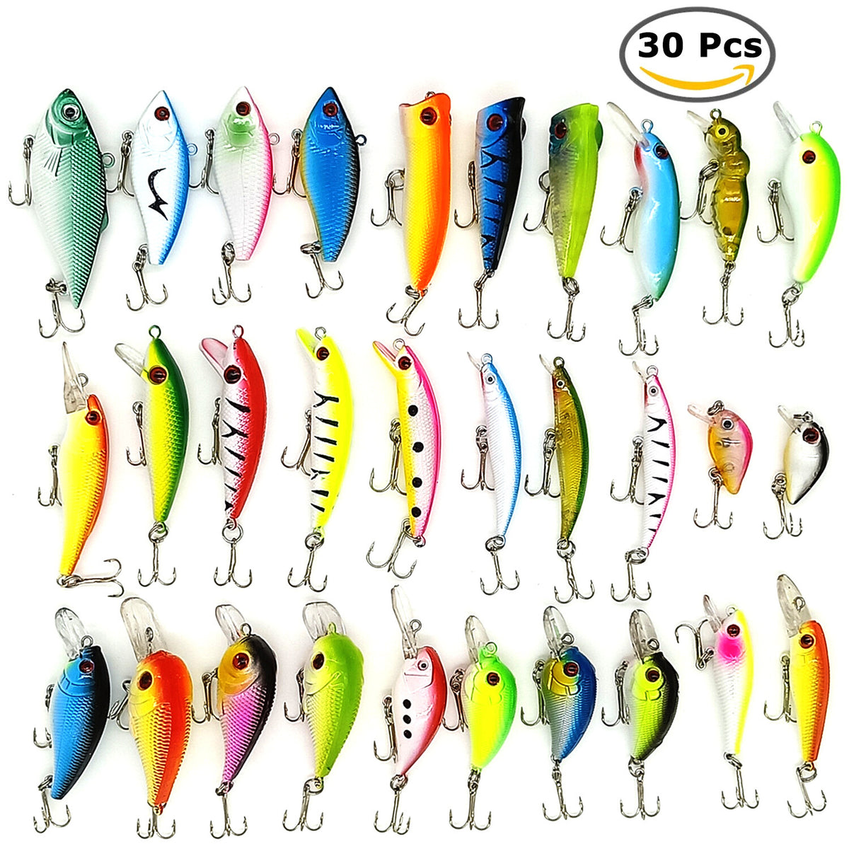 30PCS Artificial Fishing Lures Set with Treble Hooks for Bass & Freshwater