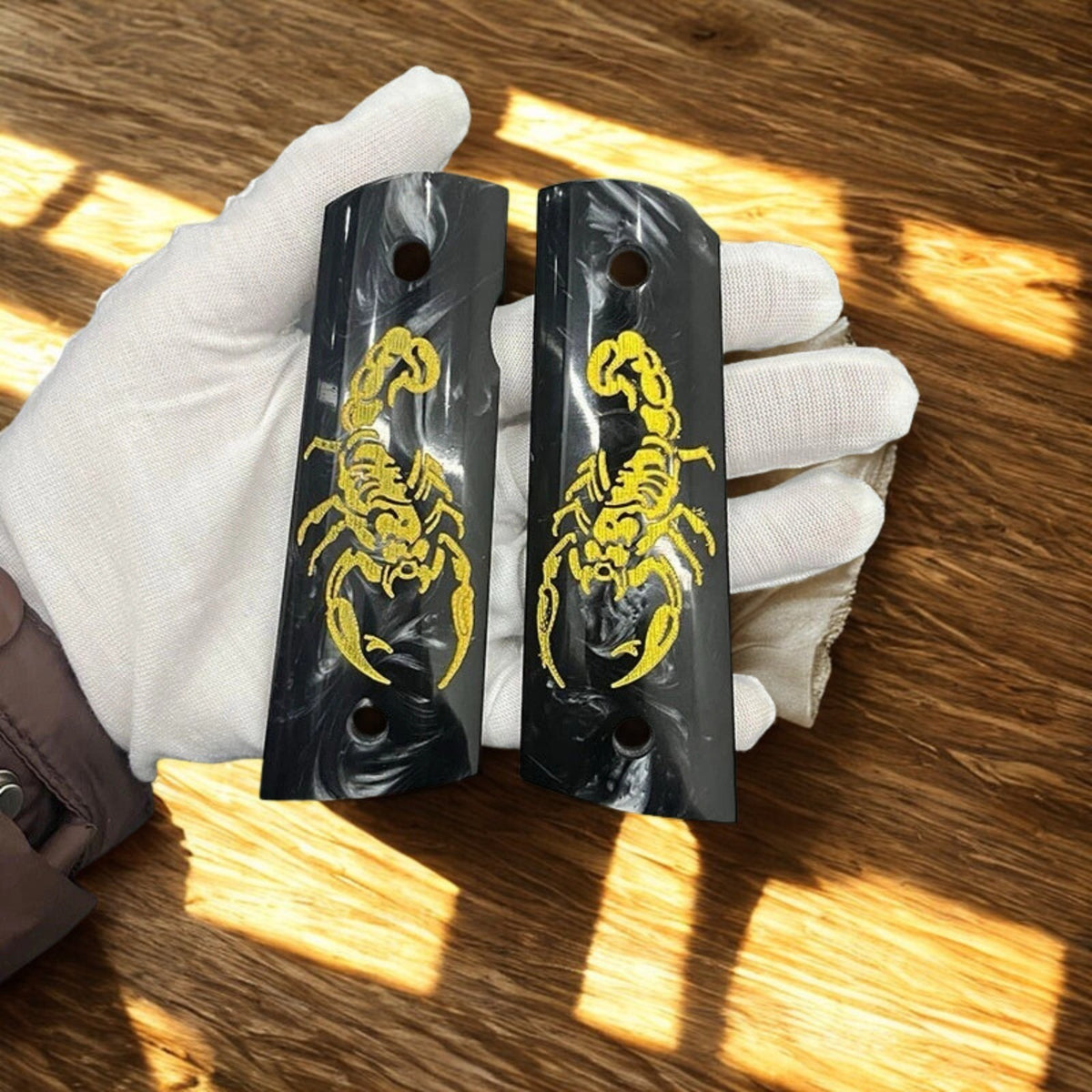 1911 Pistol Grips Black Pearl Acrylic with Gold Scorpion - Full Size