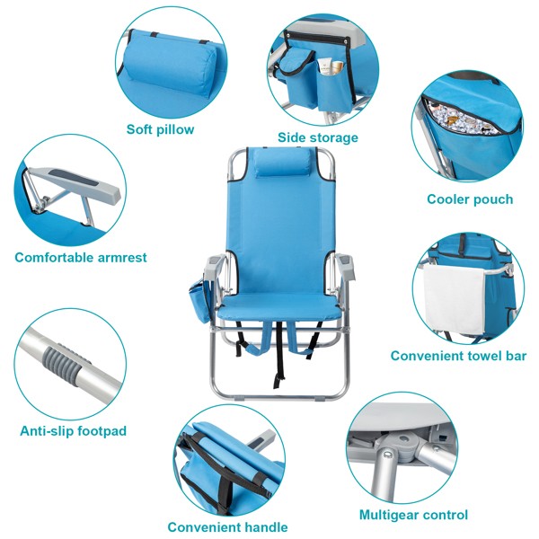 Blue Adjustable Beach Chair with Storage Cooler Pouch - Lightweight Portable Folding Chair