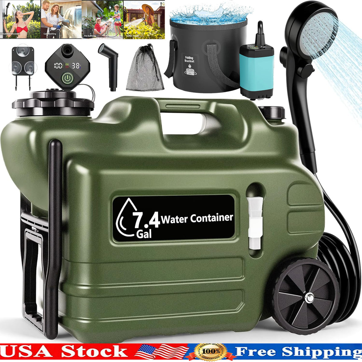 Portable Camping Shower Kit with 7.4 Gallon Water Jug & Rechargeable Pump