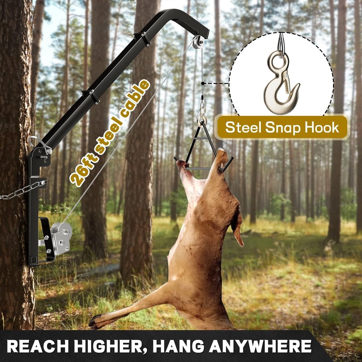 Tree Mounted Deer Hoist for Hunting, 400lb Capacity with Gambrel & Steel Cable