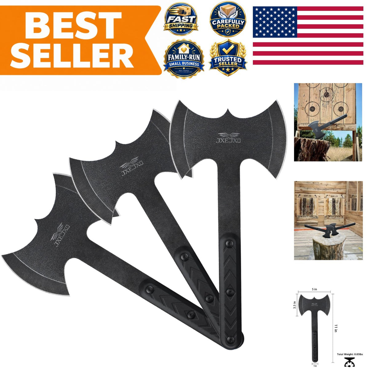 Throwing Axes and Tomahawks Set - Double Bite, 11-Inch Stainless Steel, with Sheaths