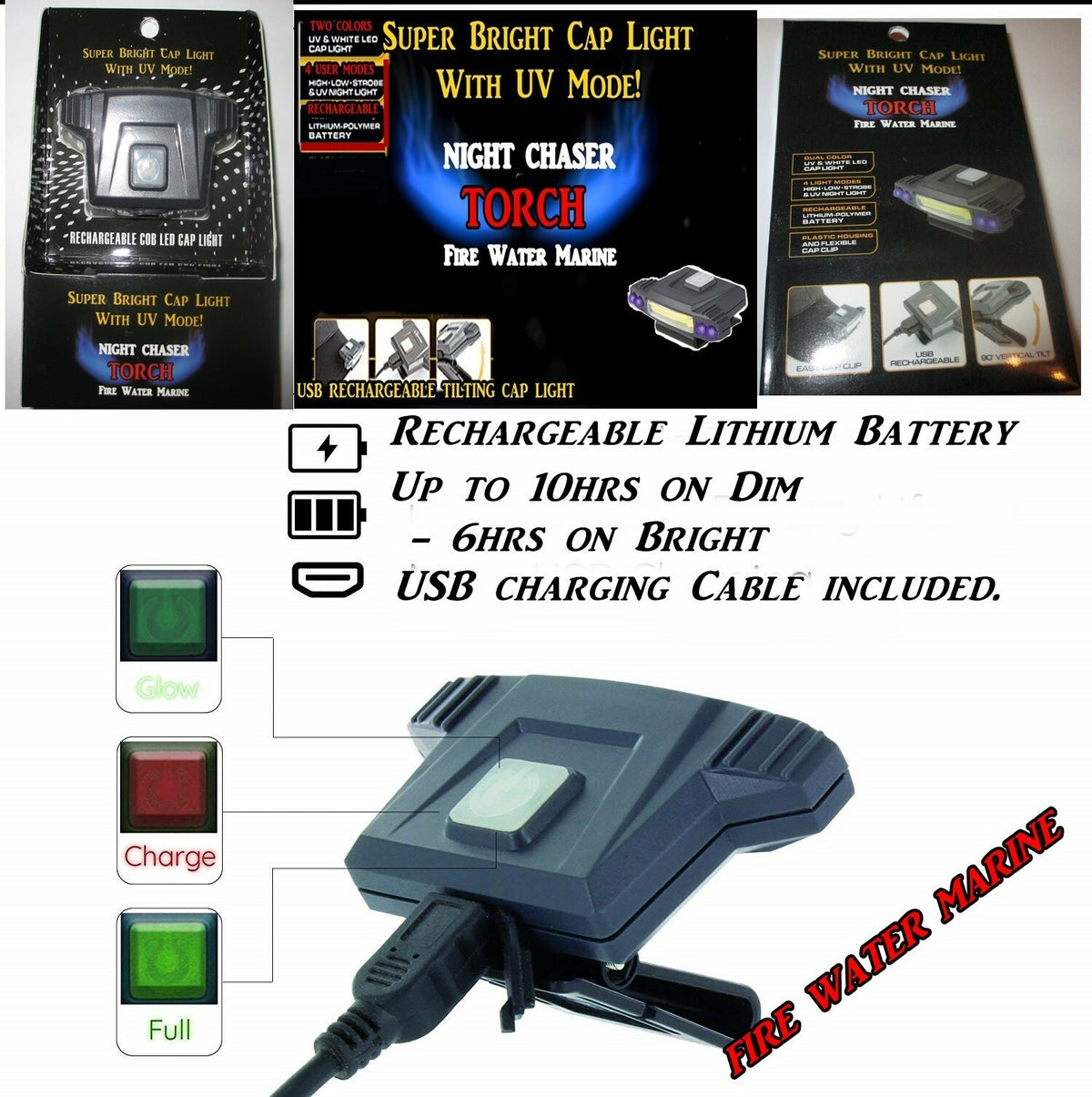 Rechargeable COB LED Cap Light with UV Black Light for Fishing, Waterproof & Adjustable