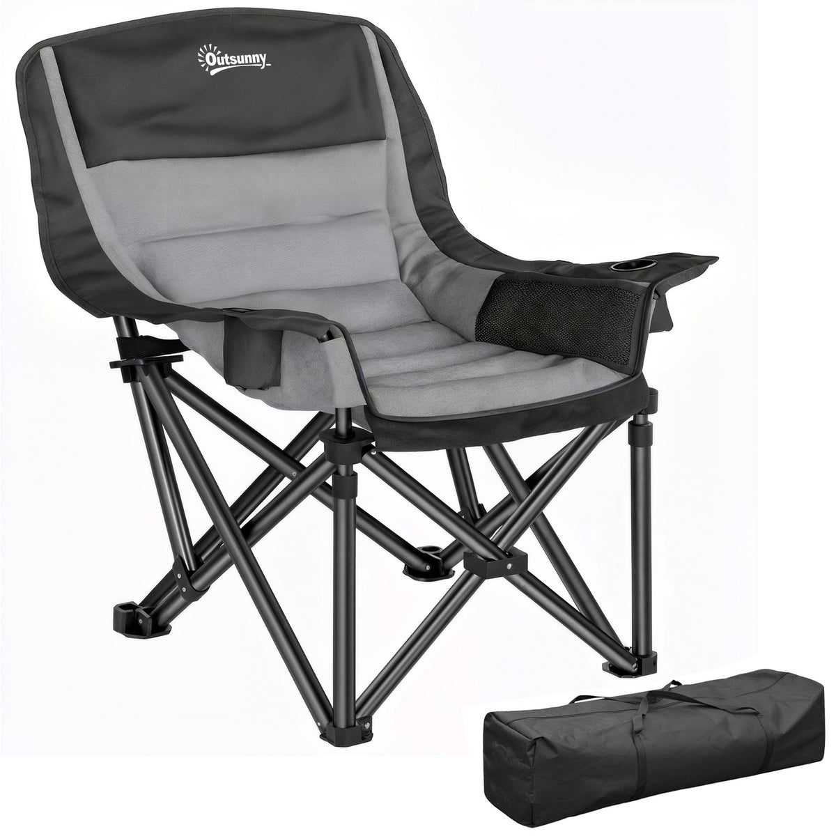 Portable Folding Camping Chair with High-Density Padding, Cup Holders and Side Pockets, Black and Gray