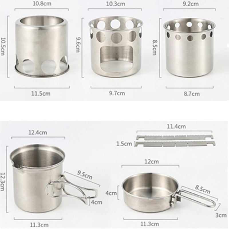 Stainless Steel Camping Cookware Set with Wood Stove for Hiking & Backpacking