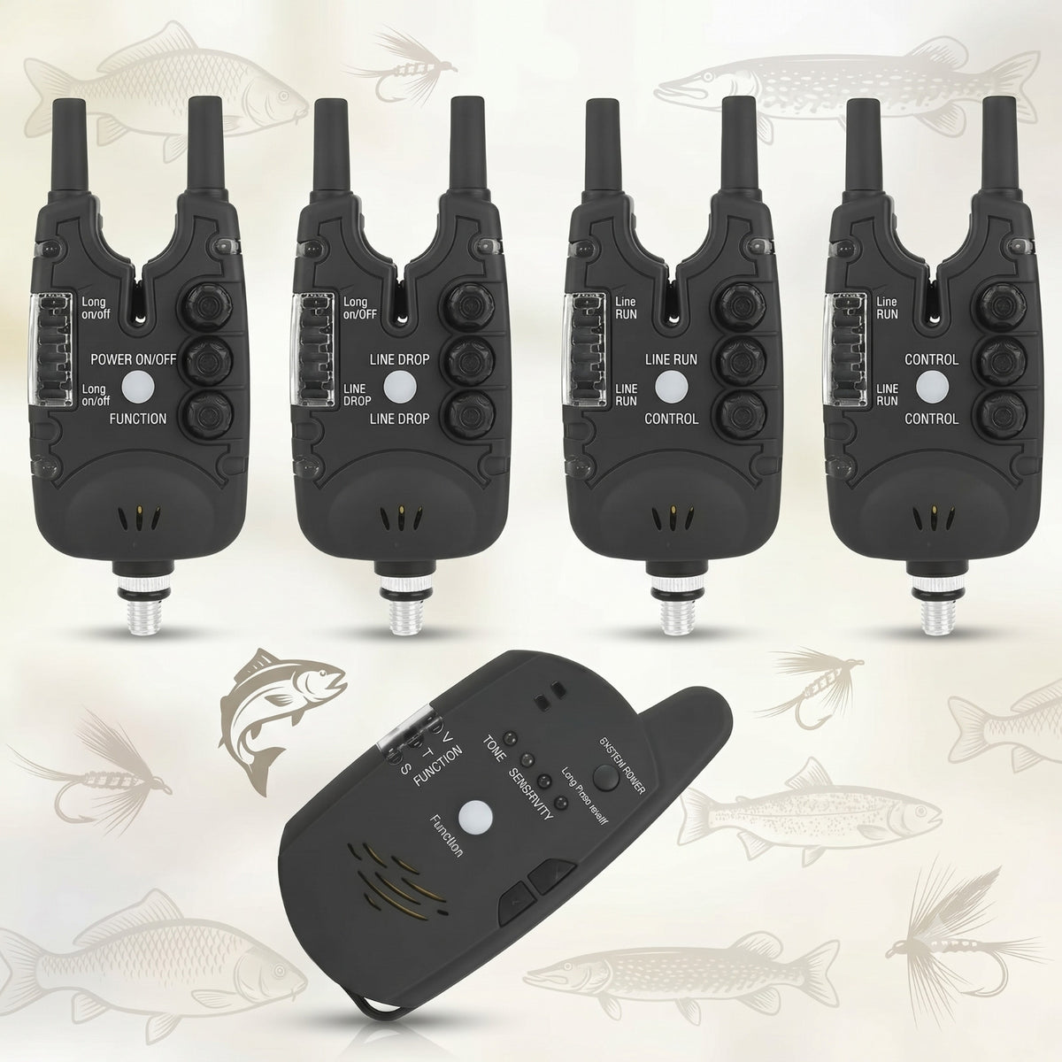 Fishing Bite Alarm Set with LED Visual and Audible Alerts - Portable 4 Pack