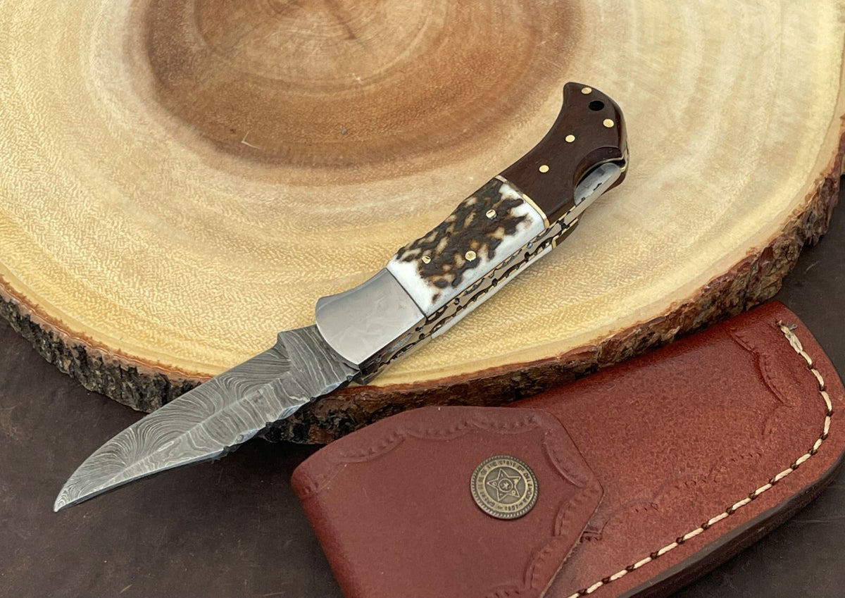 Handmade Damascus Folding Knife with Multiple Color Variants