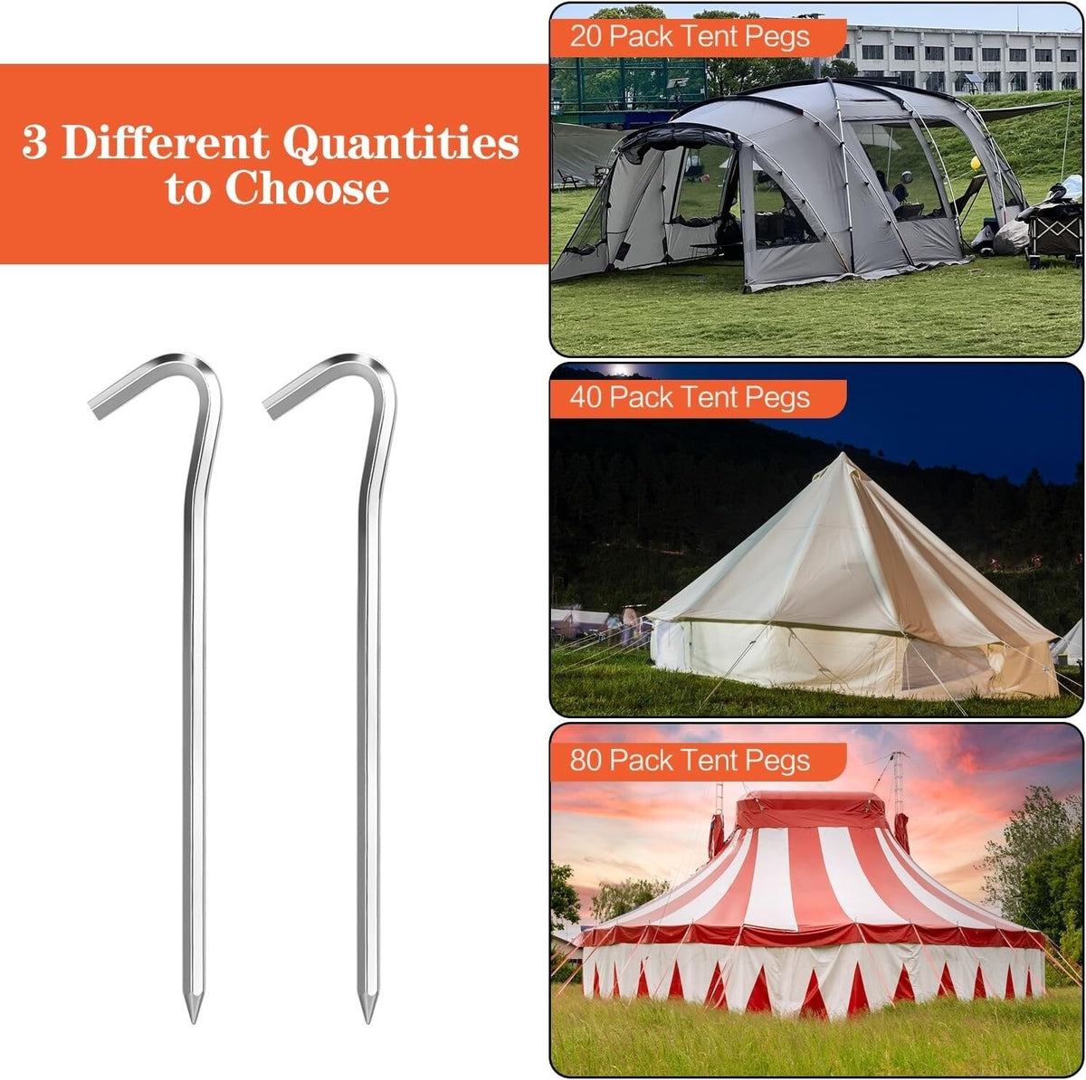 Heavy Duty 10 Inch Tent Stakes Set - Metal Ground Pegs for Camping & Outdoor