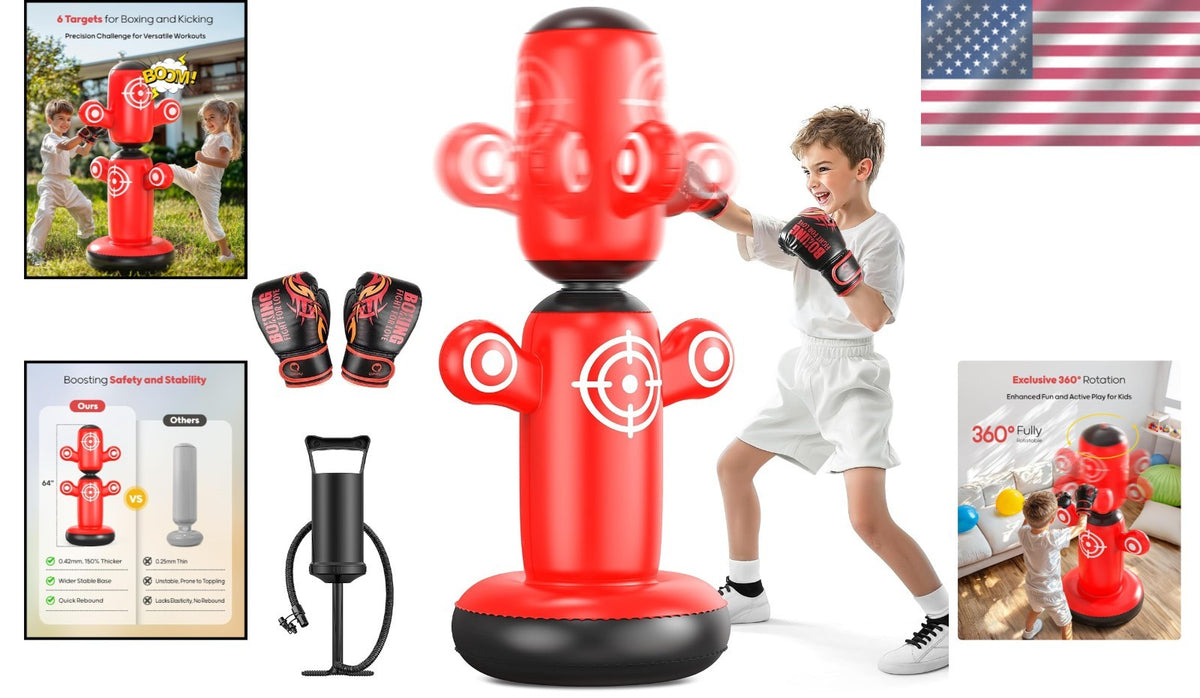 Kids Inflatable Rotating Punching Bag with Gloves and Pump - Indoor Outdoor Exercise