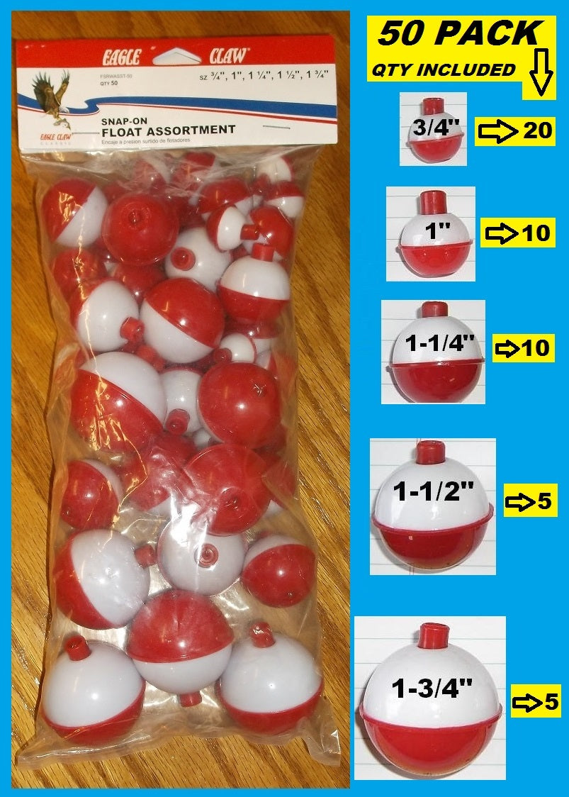 Assorted Fishing Floats - Red & White Round Bobbers, 50 Pack