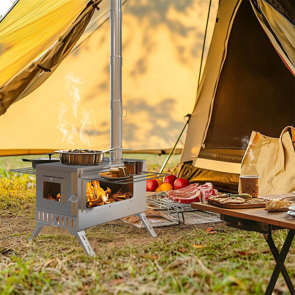 Portable Camping Wood Stove with Chimney Pipes, Tools, Bag & Ground Stakes