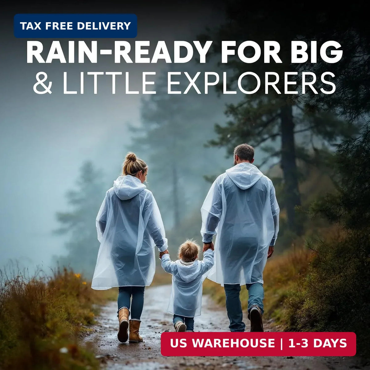 Disposable Rain Ponchos for Adults & Kids - Family Pack, Clear, Compact, Breathable, Emergency Hooded Cover