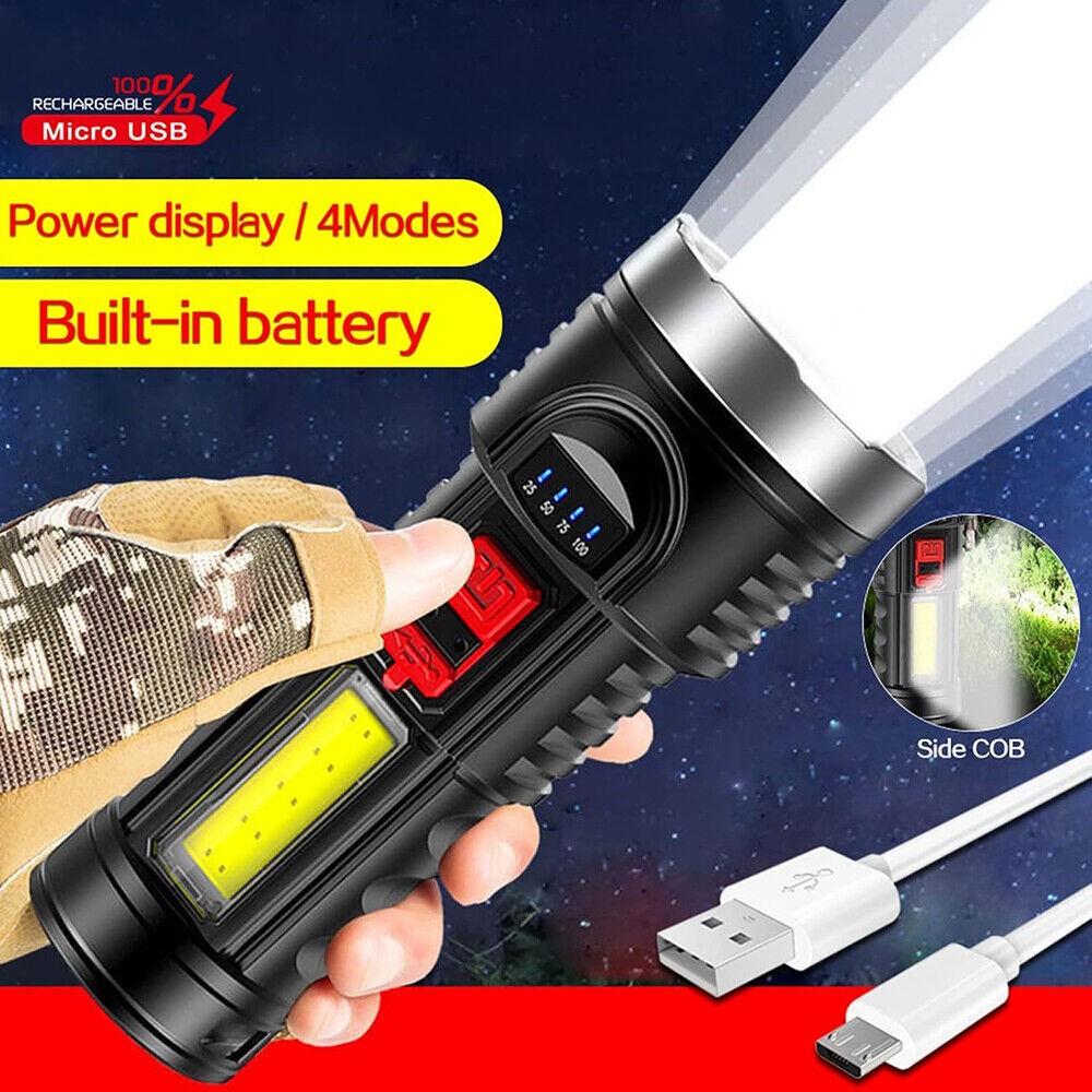 Rechargeable LED Tactical Flashlight with 4 Modes, Waterproof, 1200mAh Battery
