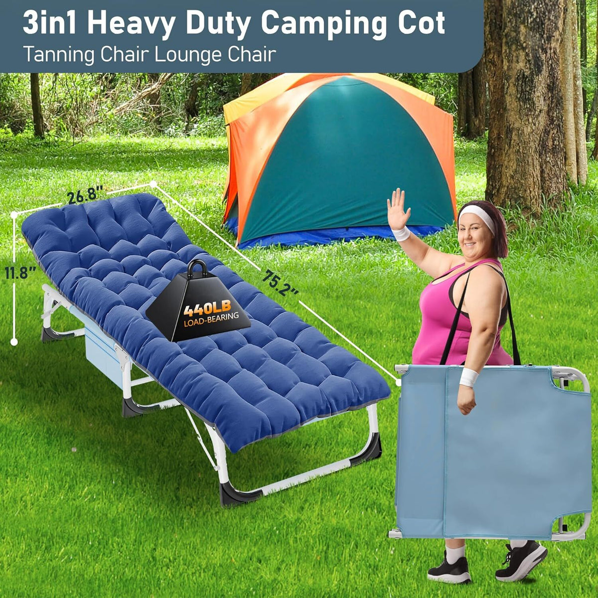 Heavy Duty Tanning Chair with Face Hole - Adjustable Folding Outdoor Lounge Bed