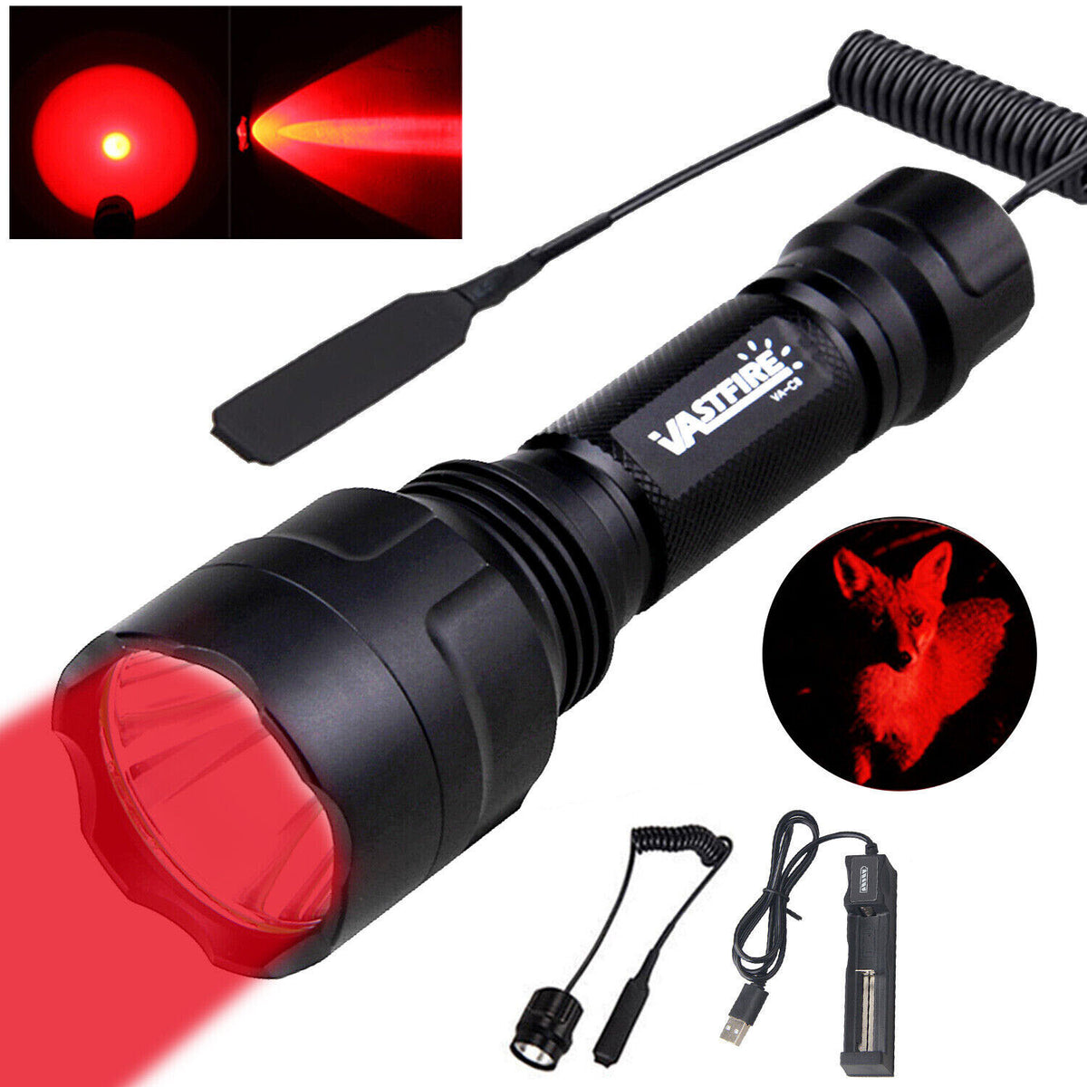 1500 Yards Red LED Hunting Flashlight Torch Coyote Hog Predator Light