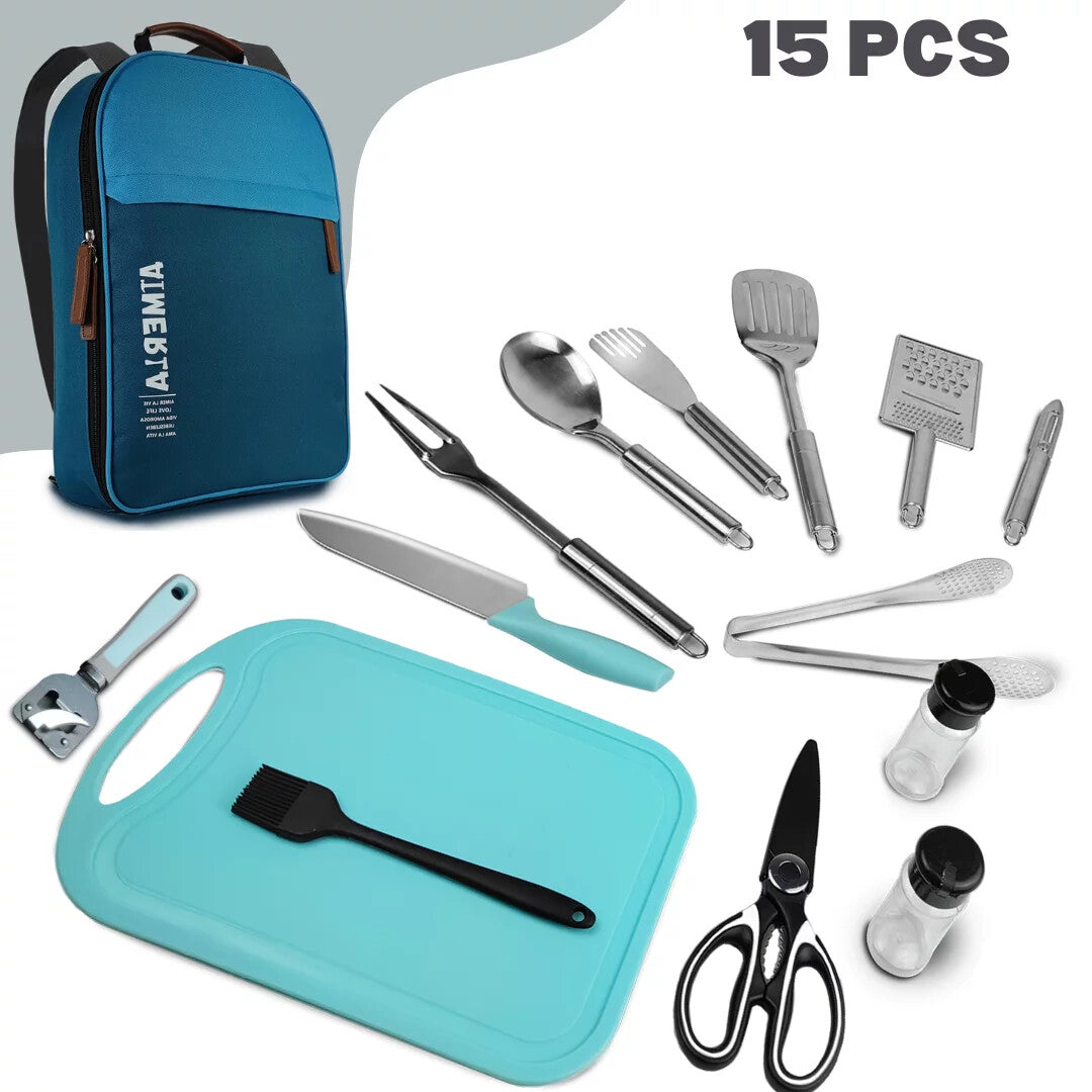 15-Piece Camping Utensil Set Portable BBQ Kitchen Cookware & Utensils