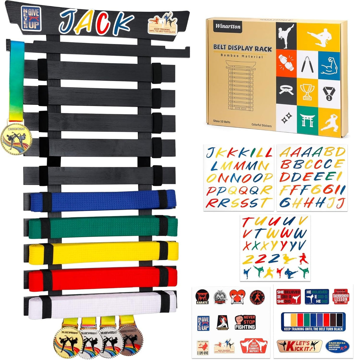 Personalized Martial Arts Belt Display Rack with 10 Belt Capacity and Sticker Set