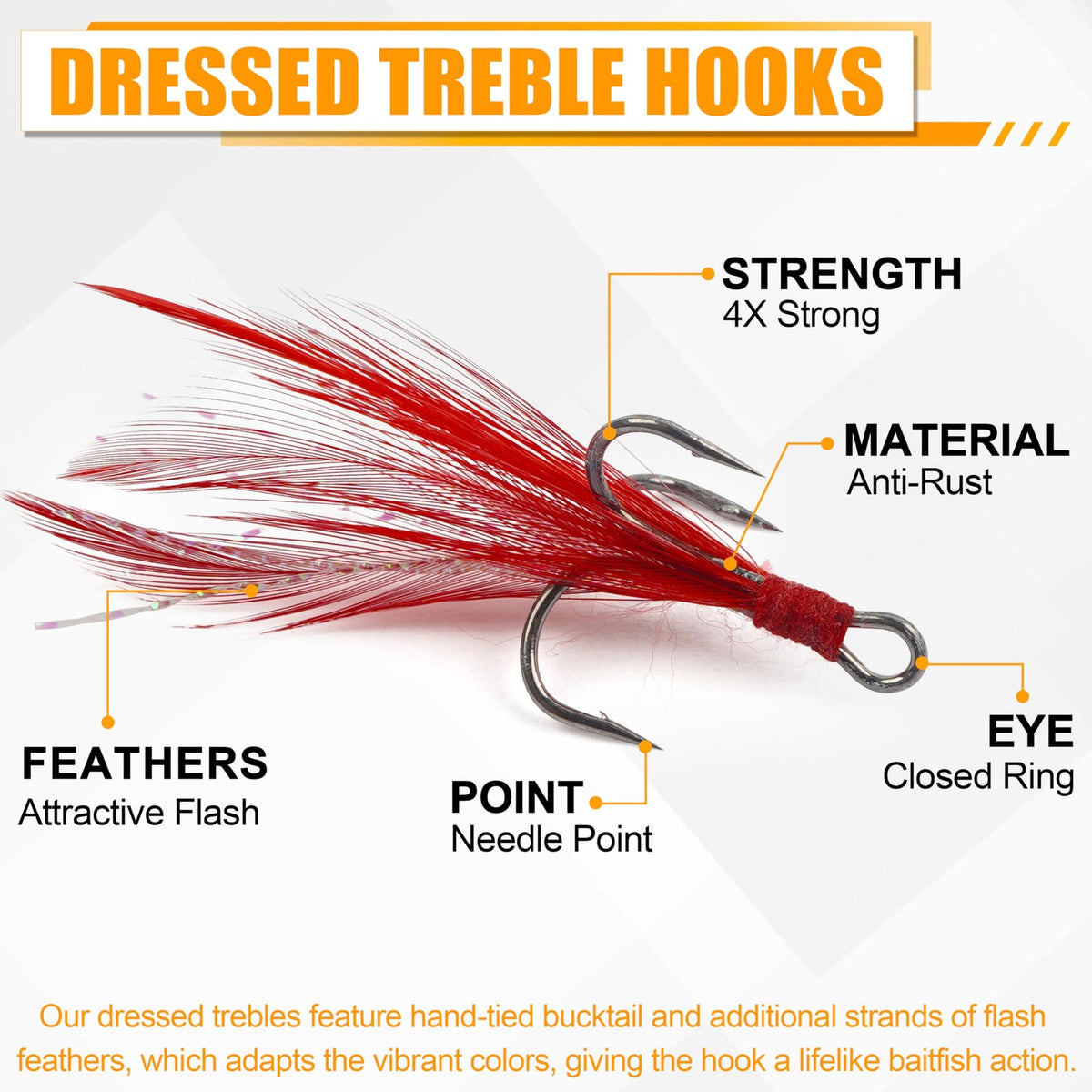 Fishing Treble Hooks Kit 50pcs Feathered Dressed Round Bend Saltwater & Freshwater