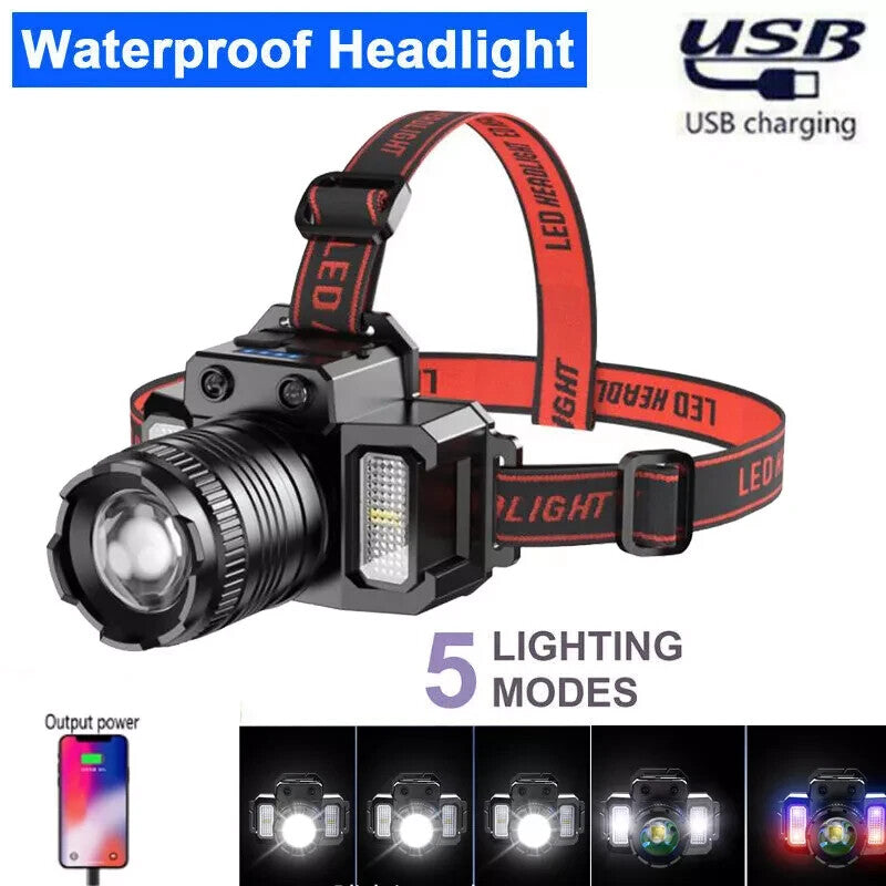 Rechargeable LED Headlamp with 5 Light Modes, Adjustable & Waterproof