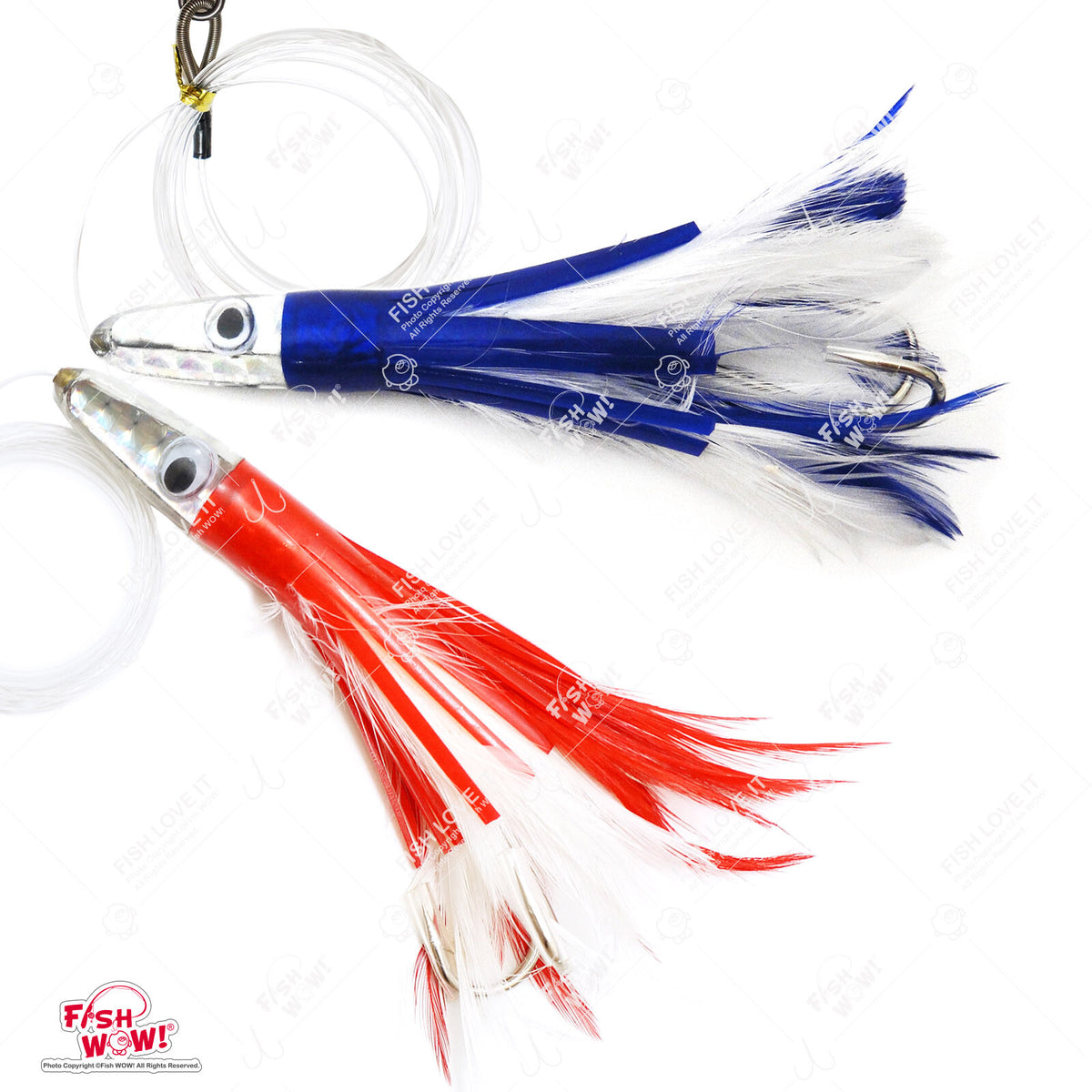 6-Inch Saltwater Tuna Feather Lure Double Hook Rigged Fishing Bait Set - Red & Blue