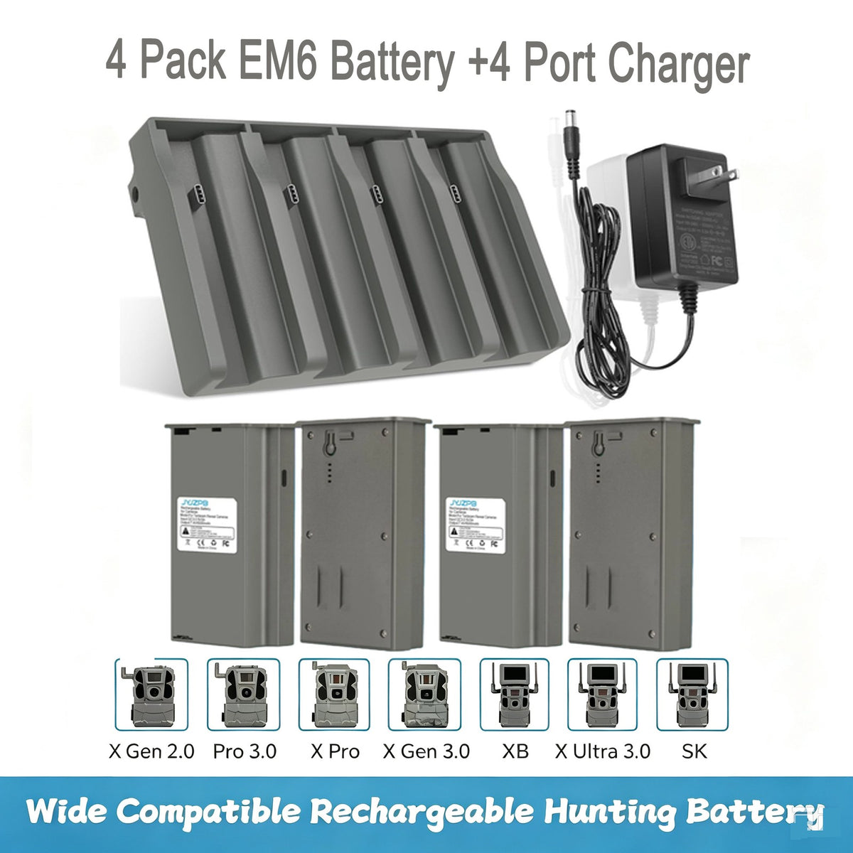 Rechargeable 4-Pack EM6 6000mAh Batteries & Fast 4-Port Charger for Trail Cameras