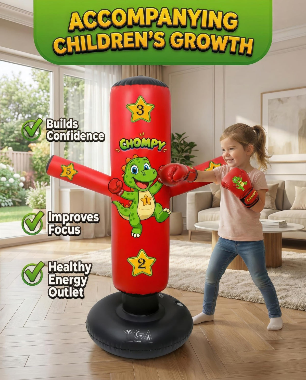 Kids Punching Bag 48 Inch Dino Dinosaur with Gloves for Martial Arts Play