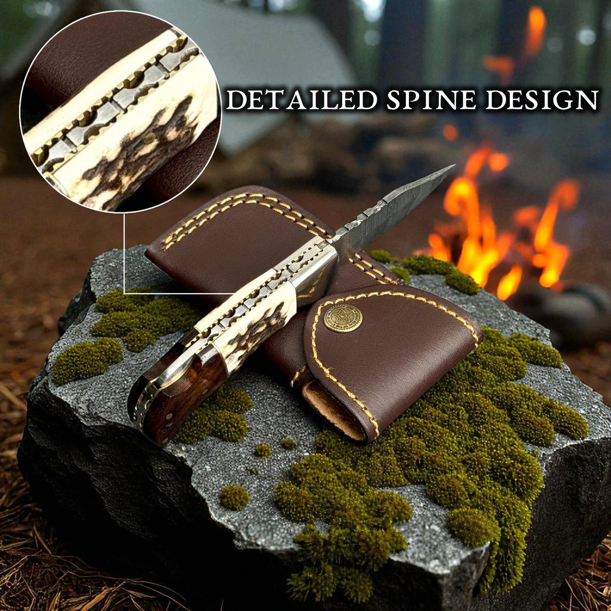 Personalized Damascus Folding Knife with Stag Antler and Rosewood Handle - Custom Engraving Gift