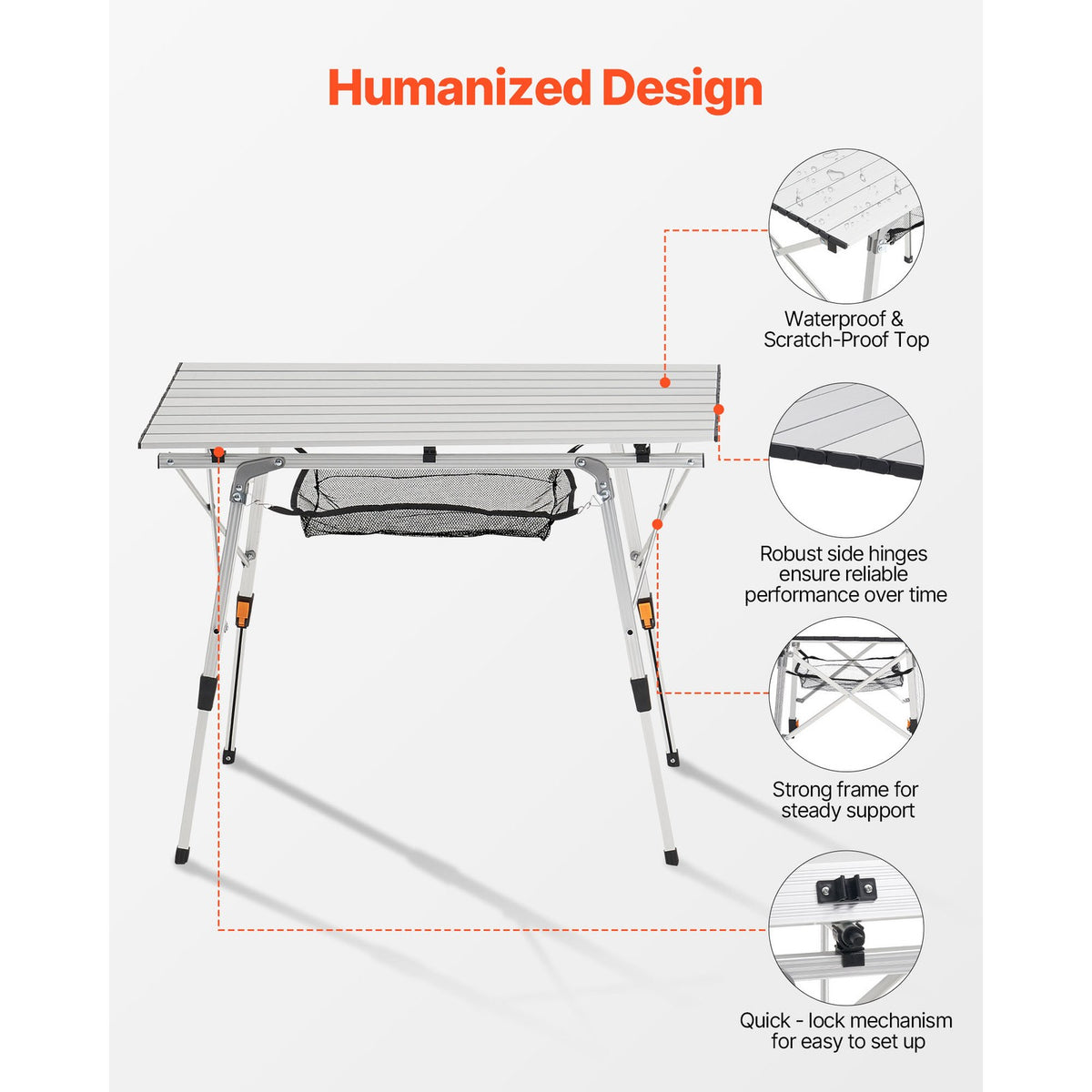 Portable Folding Aluminum Camping Table with Roll-Up Top & Mesh Shelf