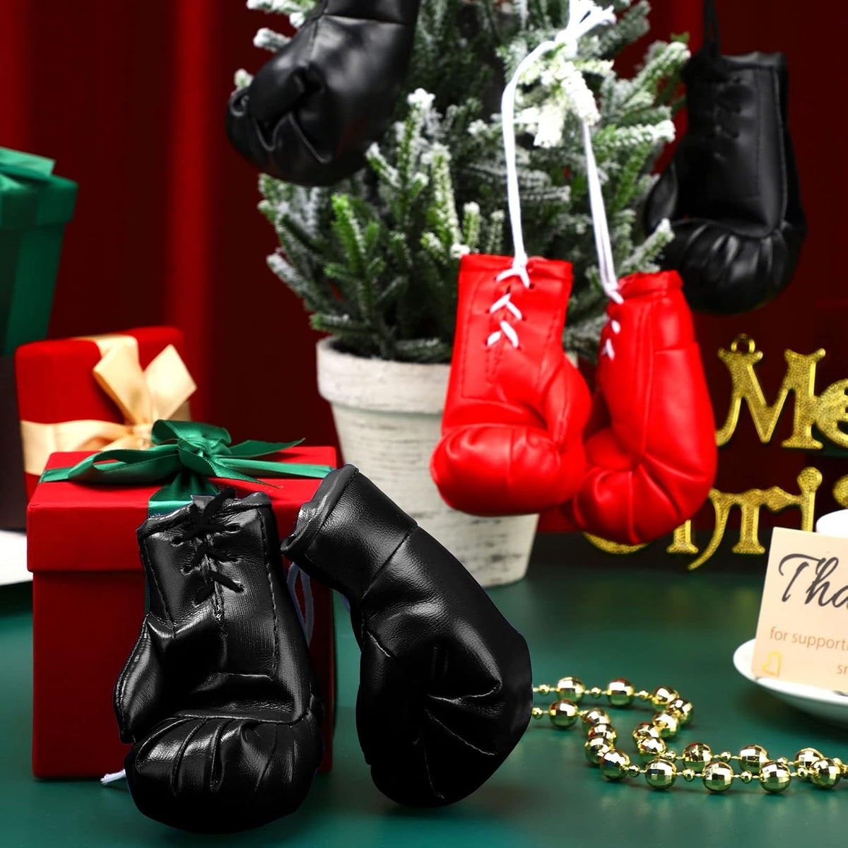 Mini Boxing Gloves Car Mirror Decorations - 2 Pairs Black & Red Leather
