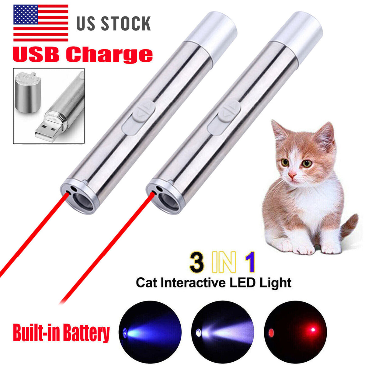 2PCS USB Rechargeable Laser Pointer Pen for Pets and Presentations