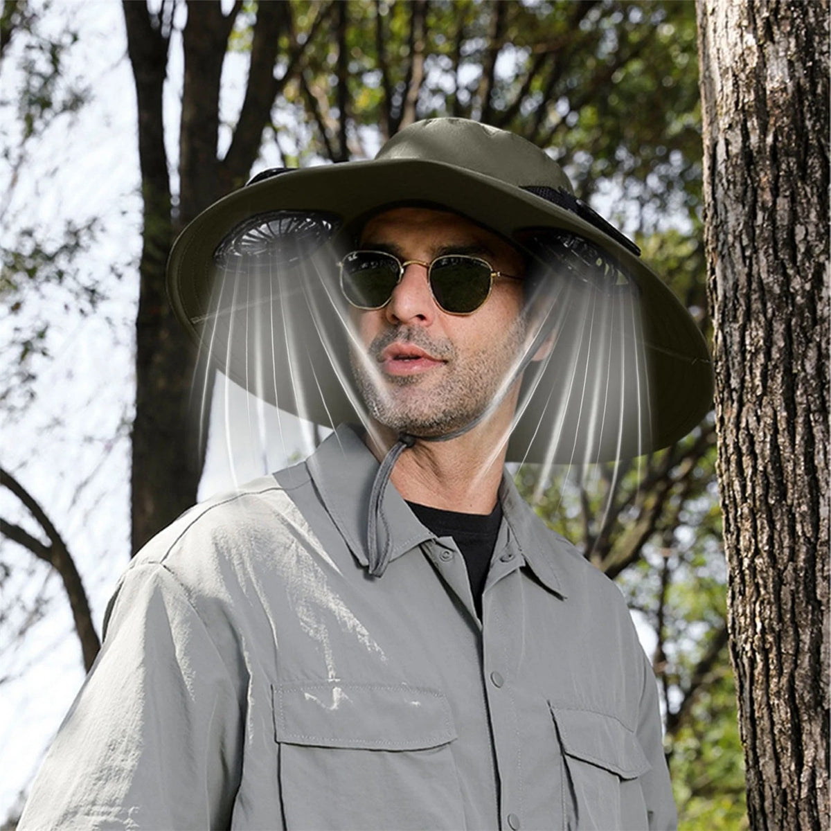 Unisex Outdoor Wide Brim Sun Hat with Solar Fan UV Protection for Hiking Camping