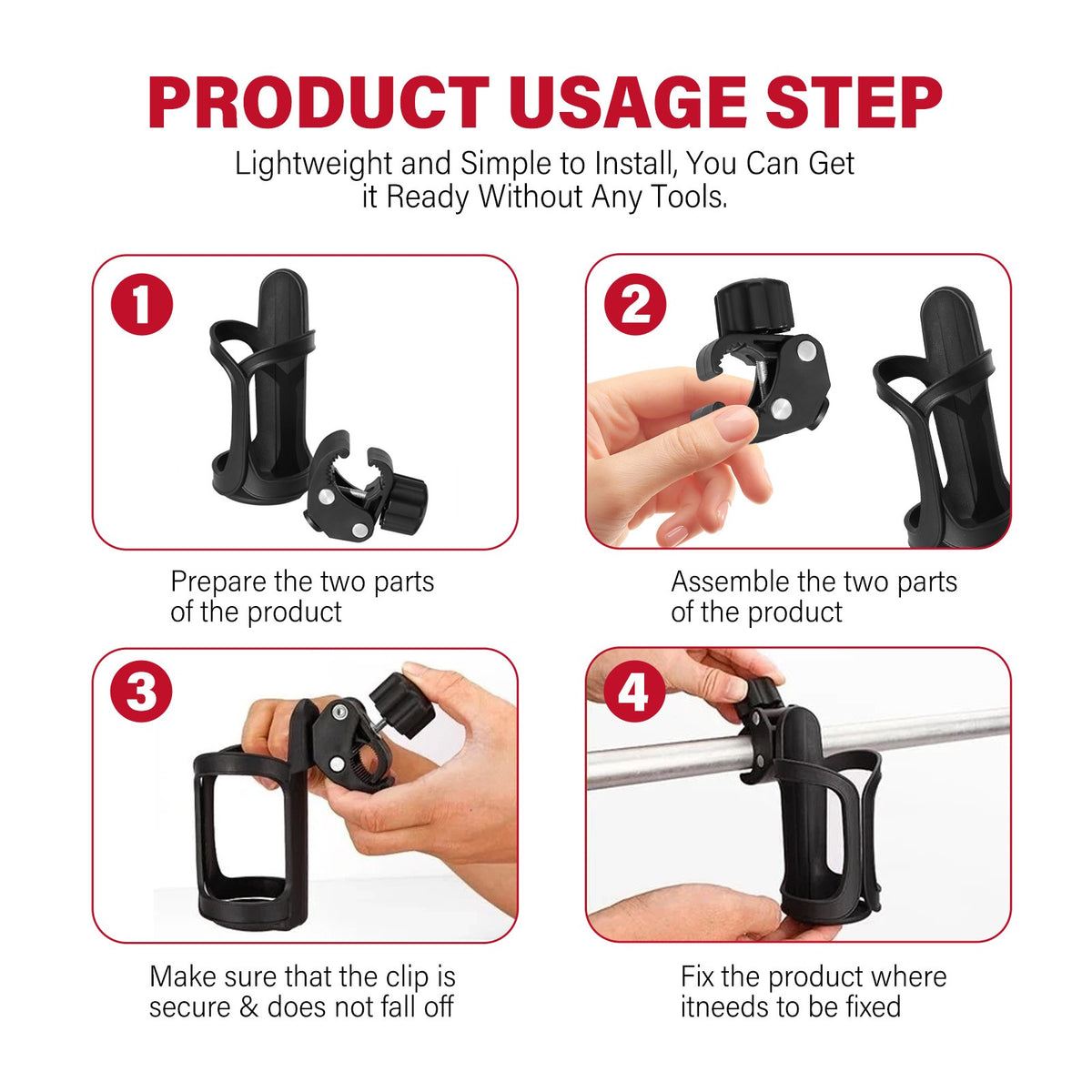 Universal 360° Beverage Cup Holder for Wheelchair, Walker, Rollator, Bike