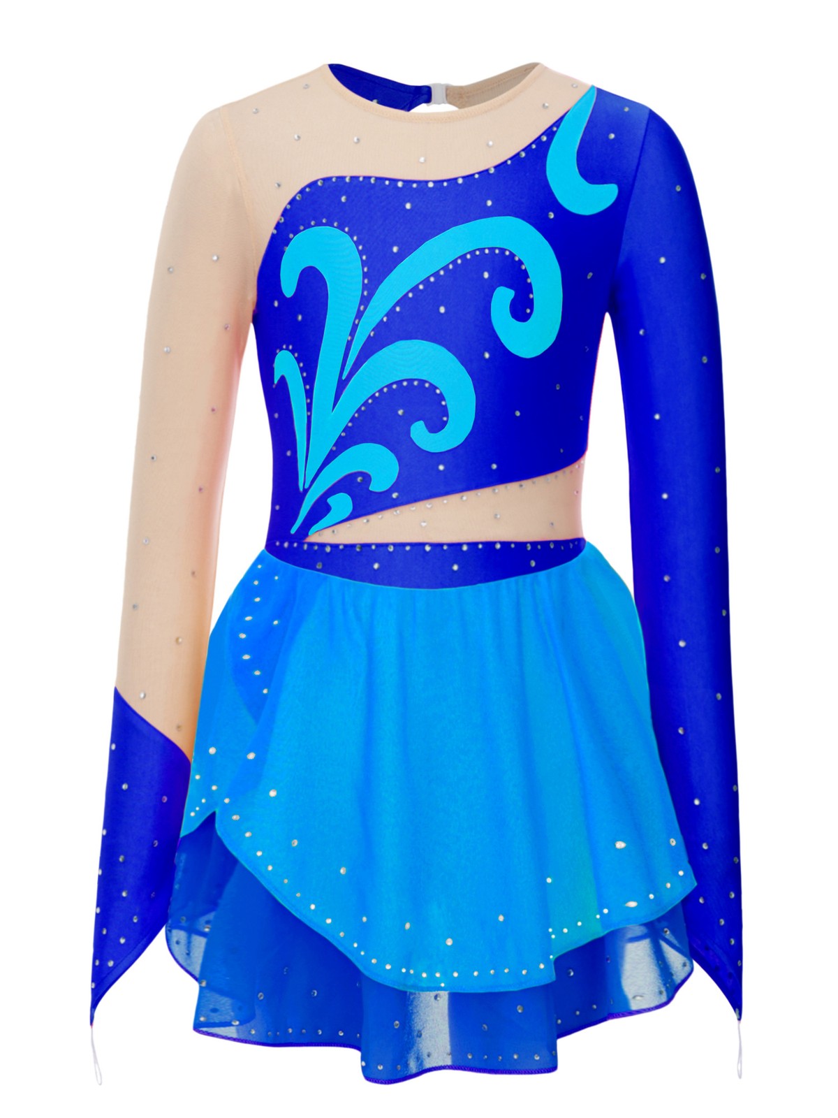 Girls Figure Skating Dress Long Sleeve Rhinestone Mesh Ice Skating Competition