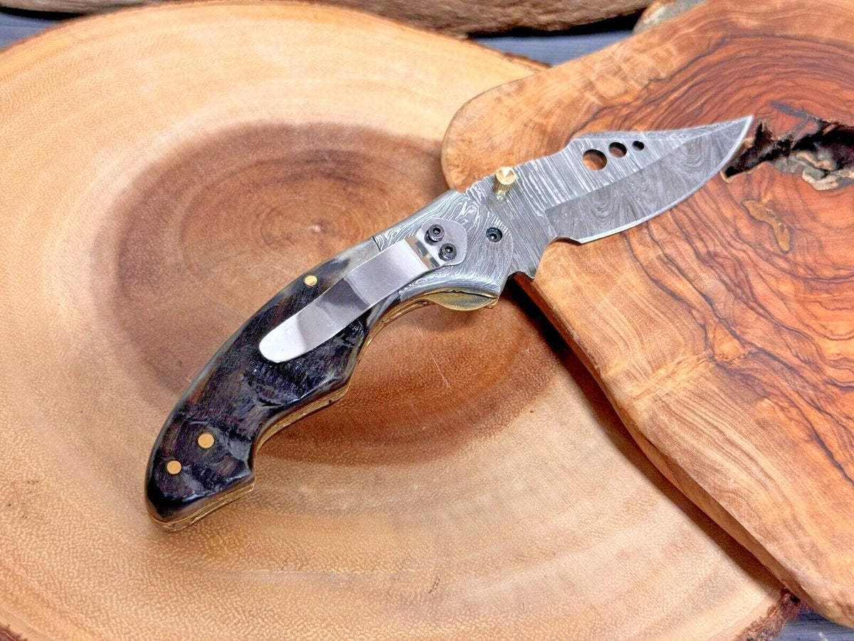 Damascus Folding Pocket Knife with Small Defects Handmade, Multiple Variants