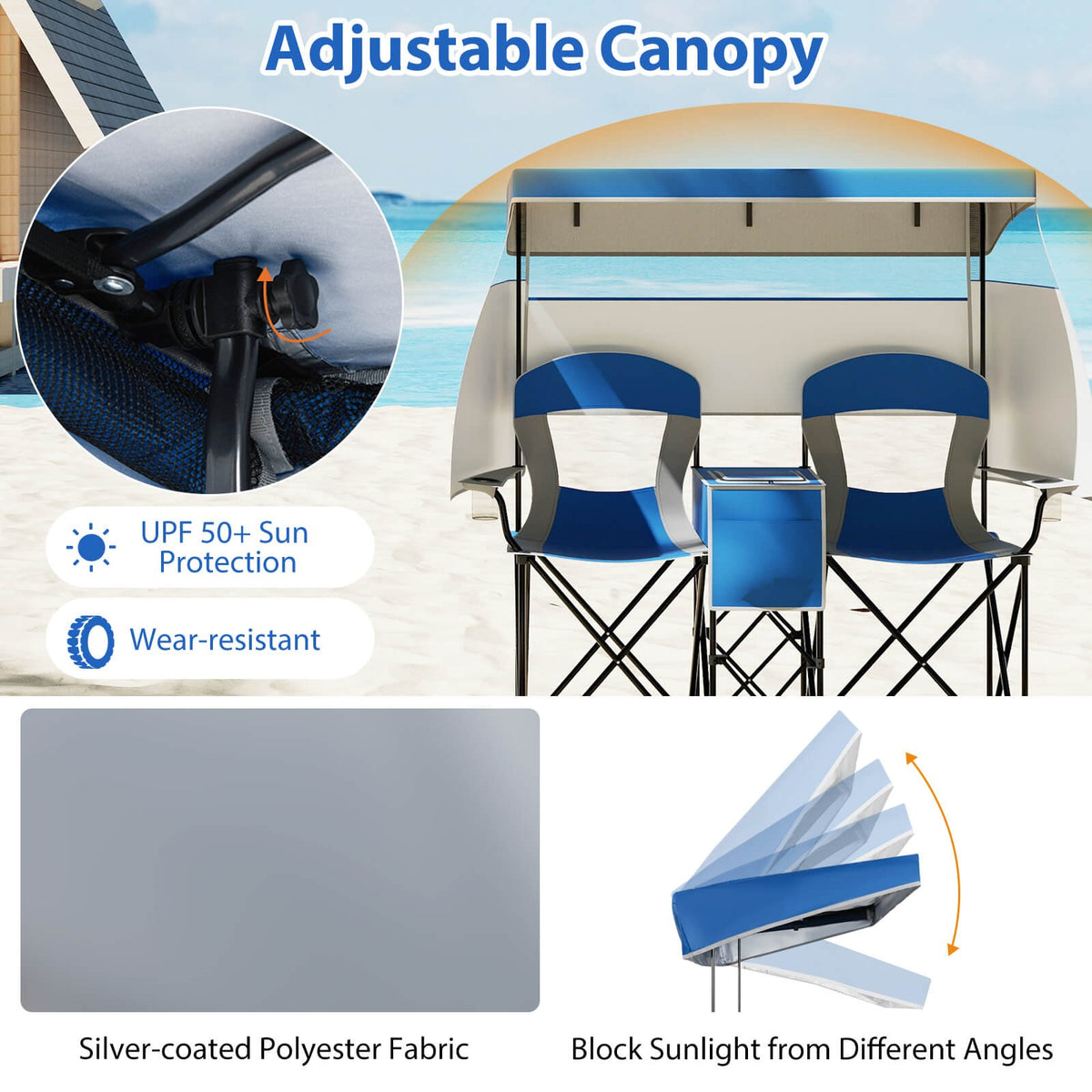 Double Beach Chair with Adjustable Canopy Oversized Folding Camping Chair Navy