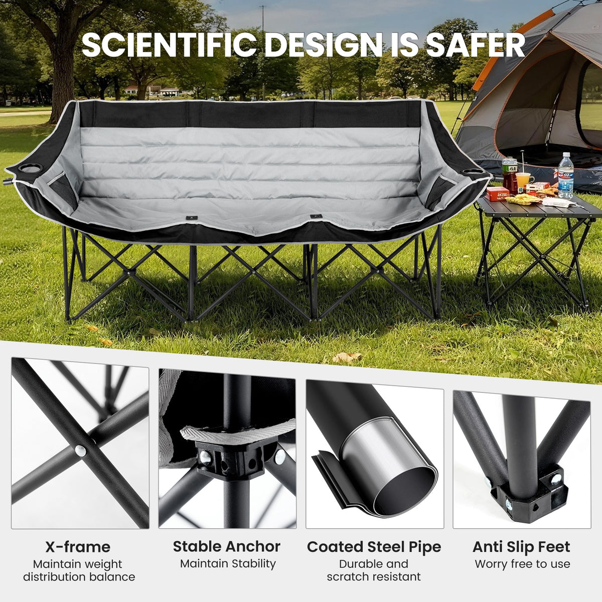 Oversized 3-Person Camping Chair with Cup Holders and Side Pockets