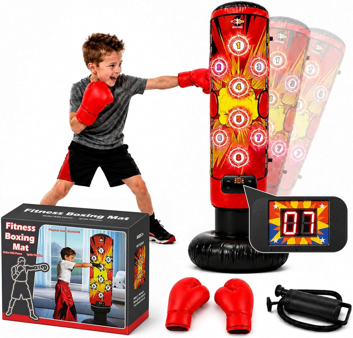 Kids Inflatable Punching Bag Set with LED Targets, Gloves, Mat & Pump
