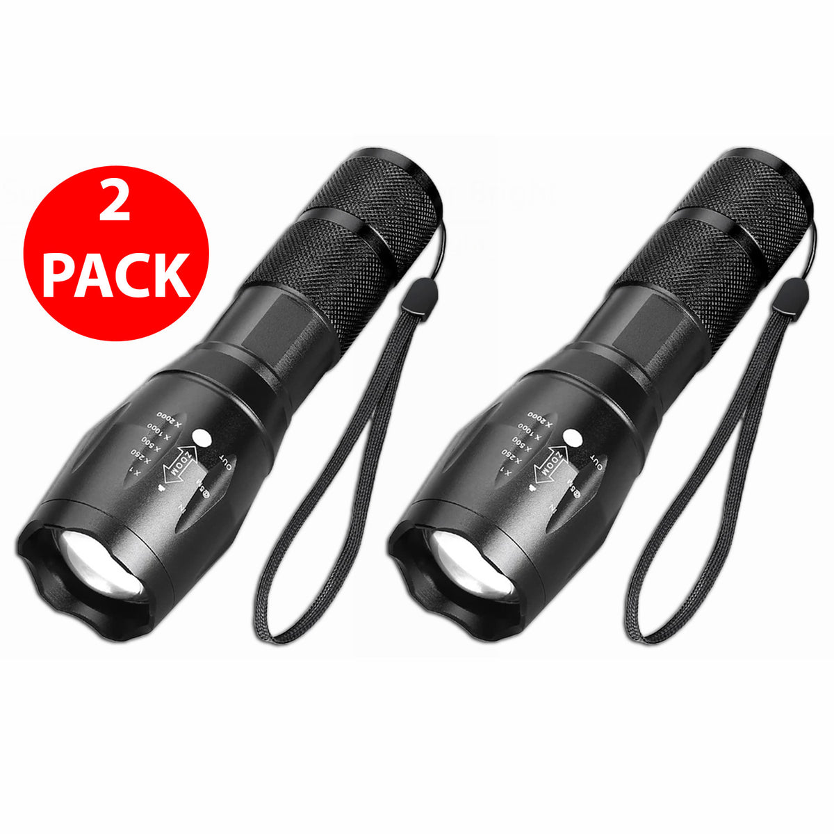 Super-Bright 90000LM LED Tactical Flashlight 2 Pack, 5 Modes, Zoomable