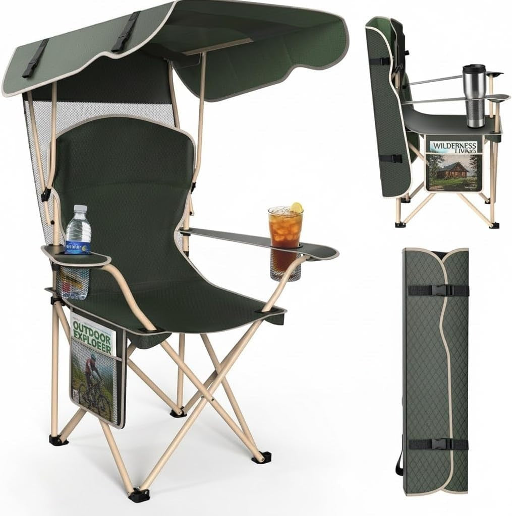 Portable Camping Chair with Canopy Sun Shade and Carrying Straps