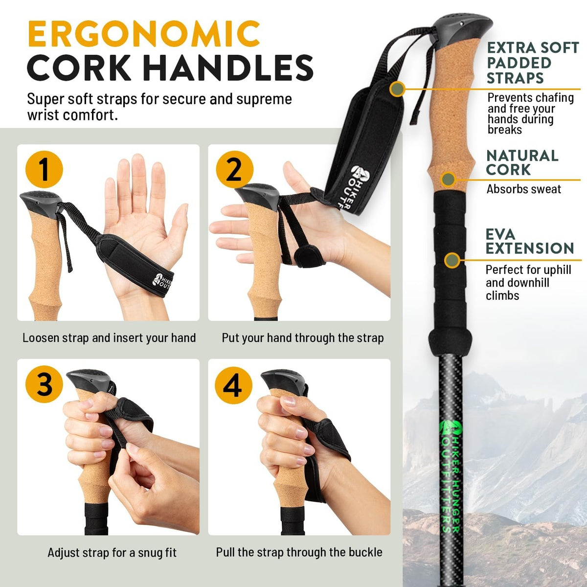 Carbon Fiber Trekking Poles Lightweight Collapsible Hiking Poles with Cork Grips