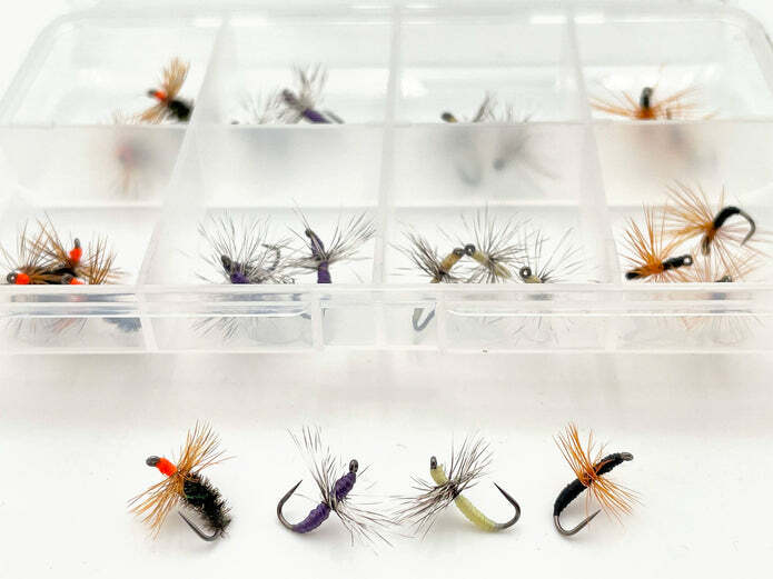 24 Pack Tenkara Fishing Hooks Sz 14 Barbless Kebari Assortment with Fly Box