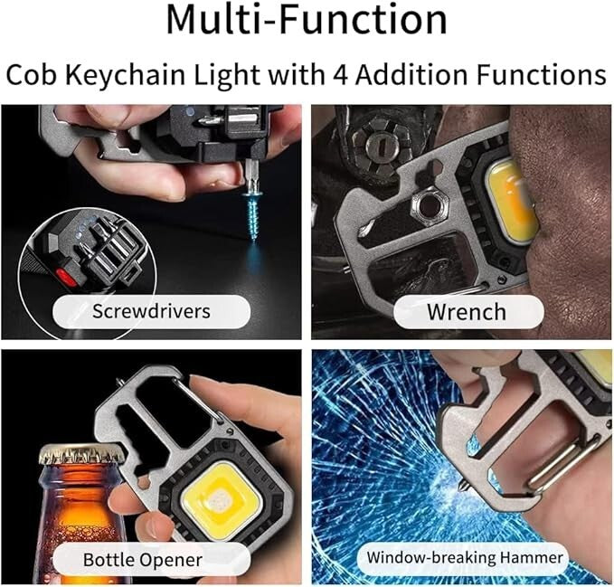 Rechargeable COB Keychain Flashlight with 6 Modes, Emergency Tools & Waterproof