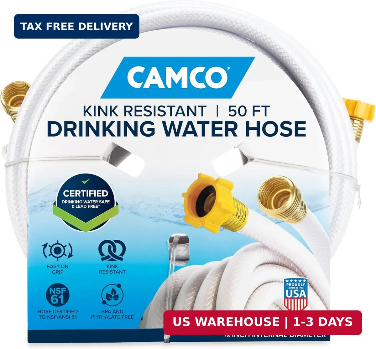 50 Ft RV Drinking Water Hose - Lead-Free, BPA-Free, Reinforced PVC