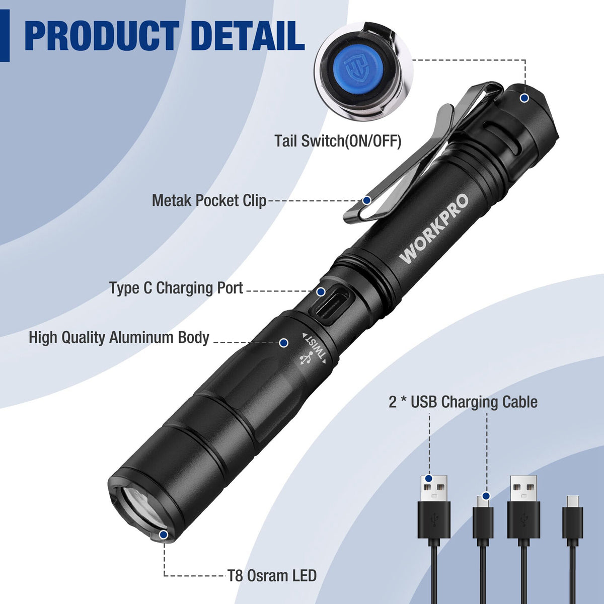 Rechargeable Mini LED Pen Light Flashlight 2 Pack with Memory Function