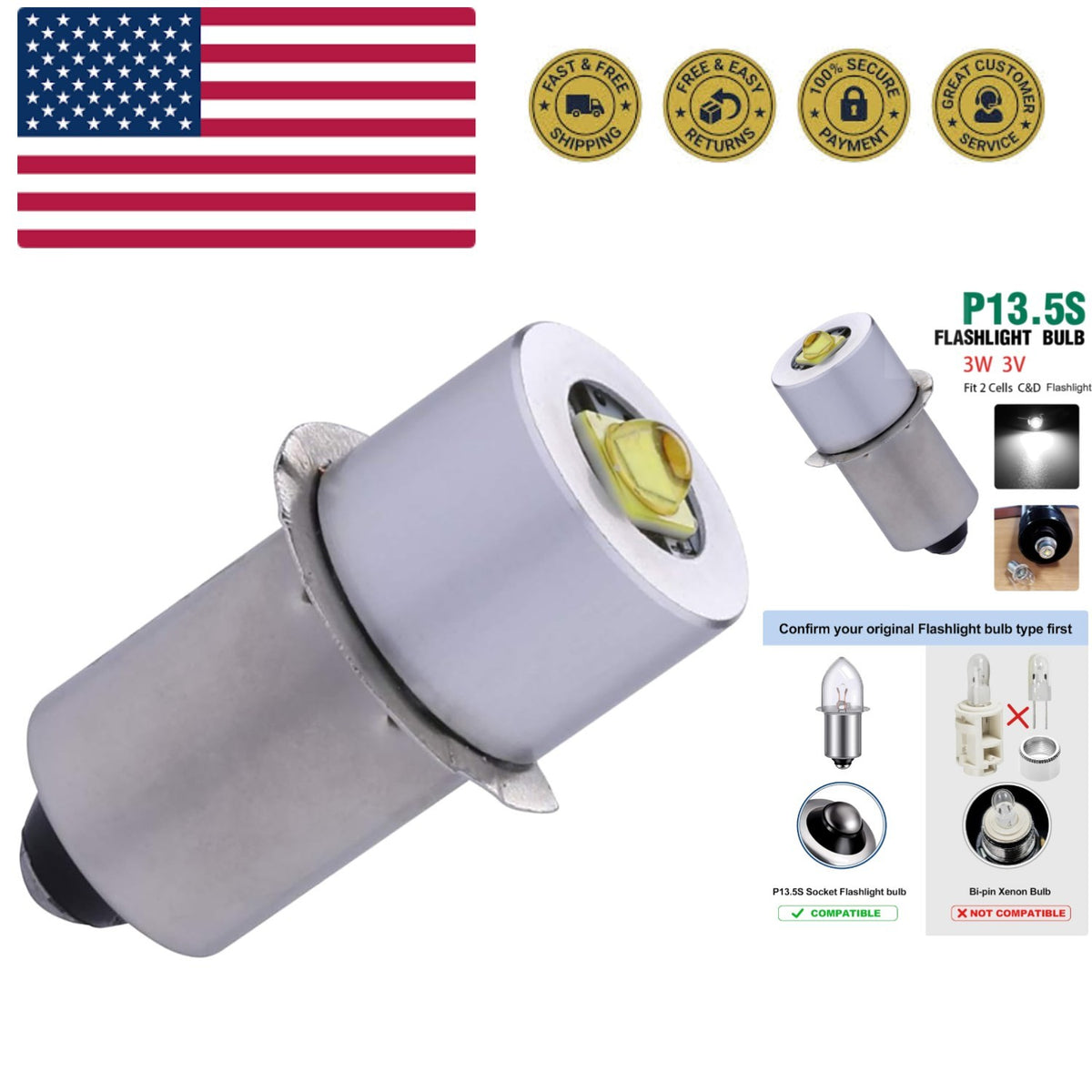 LED Bulbs for Maglite Flashlights 3V Replacement 3W High Brightness