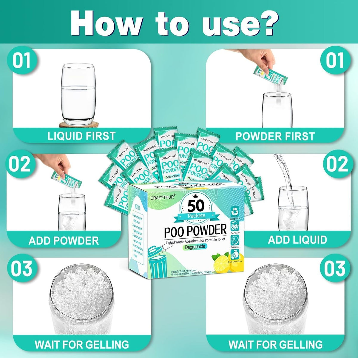 Portable Toilet Gel Powder for Camping & Travel Eco-Friendly 50 Pack